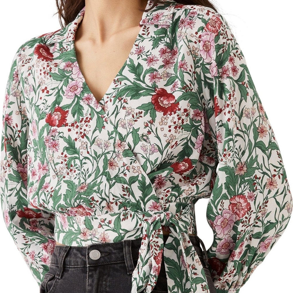Cropped Botanical Floral Long Sleeve Collared Wrap Blouse Frank & Oak Size Large